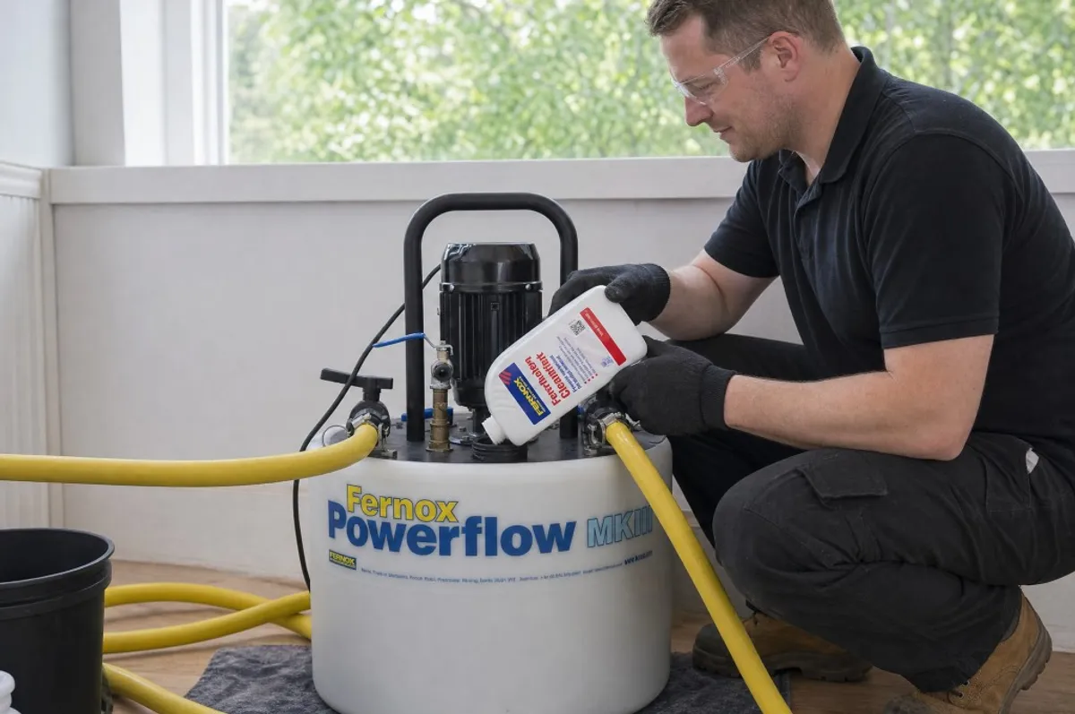 Heating engineer adding Fernox cleaner to a Powerflow machine during a central heating power flush