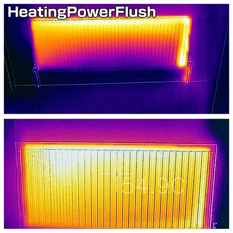 Thermal image showing a radiator before and after a power flush — cold blocked areas restored to even heat
