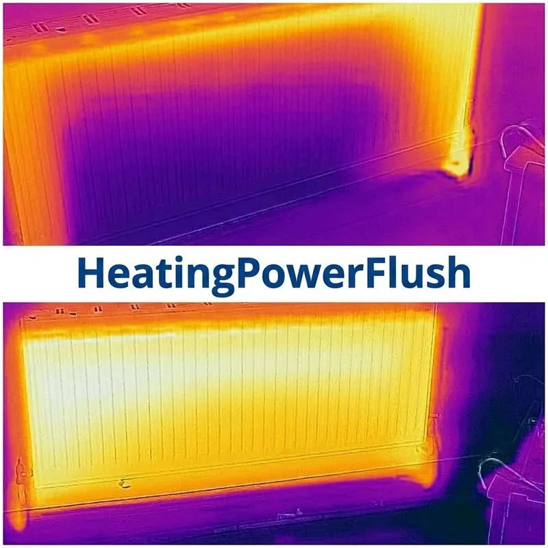 Before and after thermal scan of a radiator reaching full temperature after sludge removal